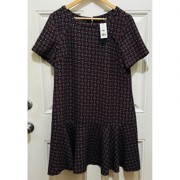 Banana Republic Womens ALine Dress Geometric Print Short Sleeve Size 14 Navy Red - Picture 2 of 4